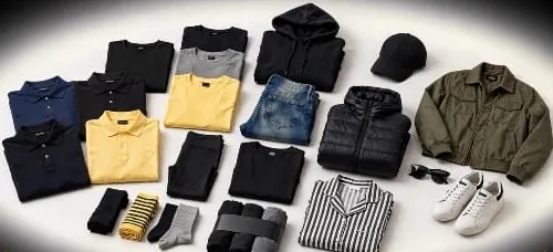 Surtido de prendas: polos, playeras, sudadera, jeans, chamarras, gorra, tenis y calcetines